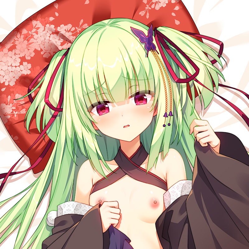 1girl armpit_crease bare_shoulders bed_sheet blue_kimono blunt_bangs blunt_ends blush breasts breasts_out butterfly_hair_ornament cirnos cleavage commentary_request criss-cross_halter dakimakura_(medium) embarrassed eyes_visible_through_hair floral_print green_hair hair_ornament hair_ribbon hair_spread_out halterneck hand_up head_on_pillow hime_cut japanese_clothes kimono long_hair long_ribbon long_sleeves looking_at_viewer lying murasame_(senren) nipples on_back open_clothes open_kimono open_mouth petite pillow pom_pom_(clothes) print_pillow raised_eyebrows red_eyes red_ribbon red_sash ribbon sash senren_banka small_breasts solo straight_hair tsurime two_side_up upper_body wavy_mouth wide_sleeves