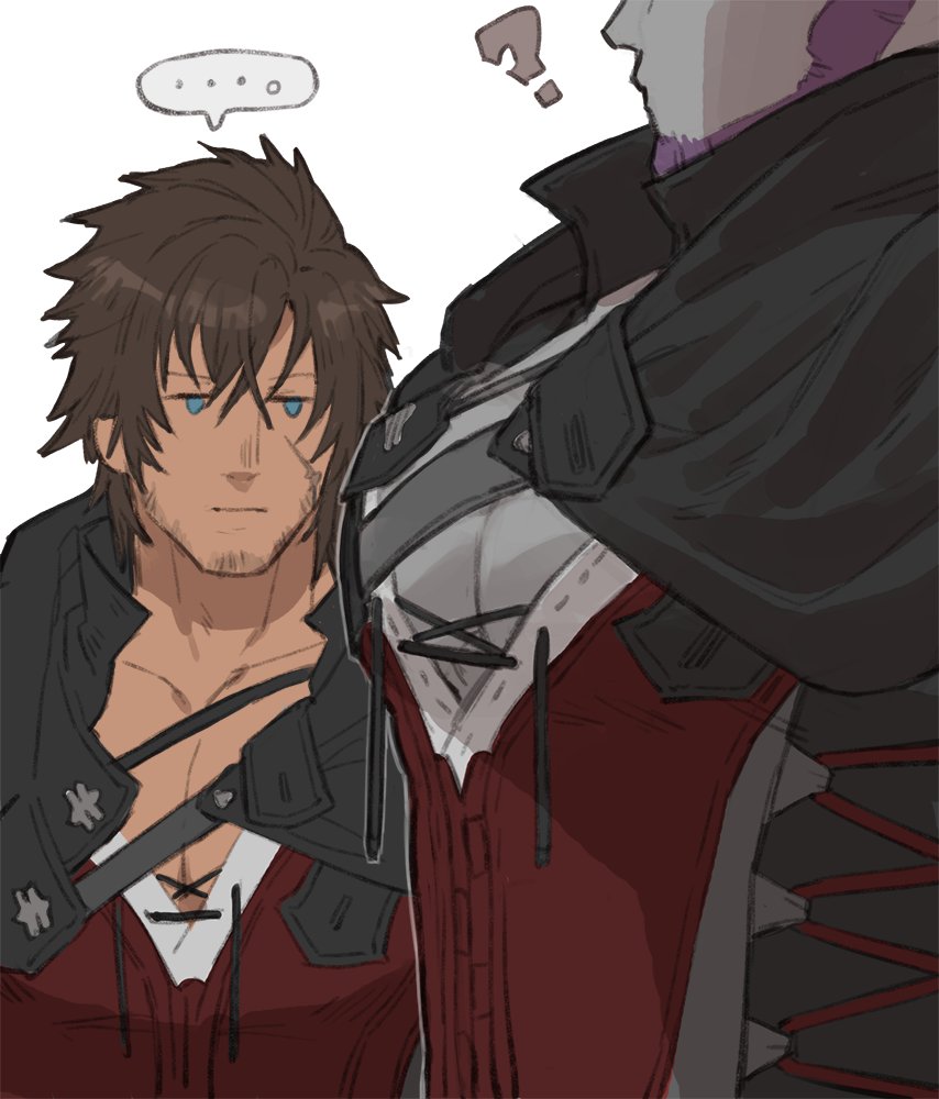 ... 2boys ? bara beard beard_stubble black_hair blue_eyes bursting_pectorals cape clive_rosfield colored_skin cross-laced_slit facial_hair final_fantasy final_fantasy_xvi from_side full_beard girl_staring_at_guy&#039;s_chest_(meme) green_skin jitome looking_at_another looking_at_pectorals male_focus mature_male meme multiple_boys muscle_envy out_of_frame pectoral_cleavage pectoral_focus pectorals roegadyn scar scar_on_face short_hair solid_oval_eyes speech_bubble stubble uori upper_body warrior_of_light_(ff14) yaoi