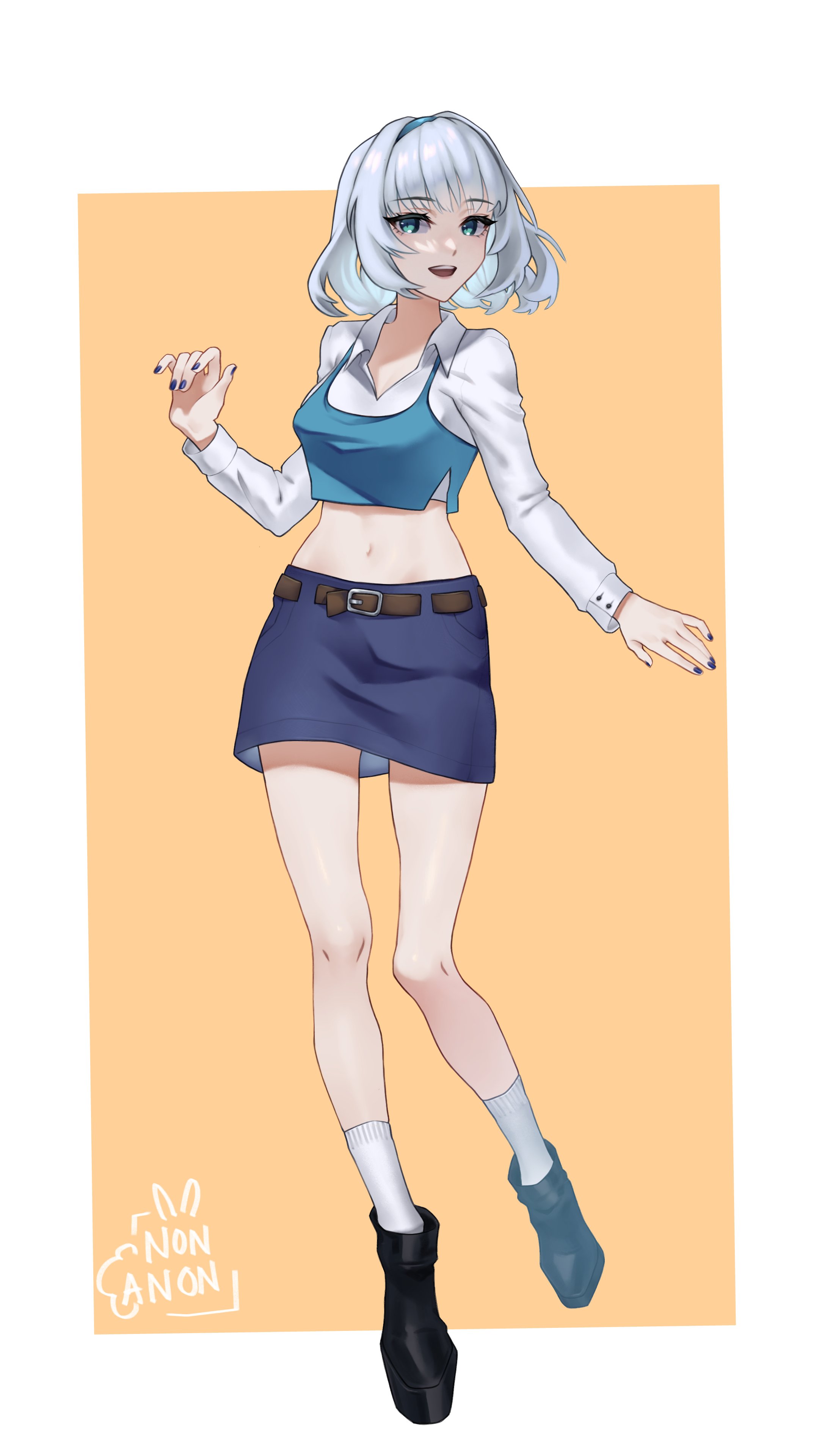 1girl absurdres alternate_costume anon_non_(artist) artist_name belt black_boots blue_eyes blue_skirt boots border breasts brown_belt collared_shirt commentary cropped_shirt english_commentary full_body gift_art grey_hair highres kamishiro_rita looking_at_viewer medium_breasts midriff navel open_mouth orange_background platform_boots platform_footwear prism_project shirt short_hair skirt smile socks solo virtual_youtuber white_border white_shirt white_socks