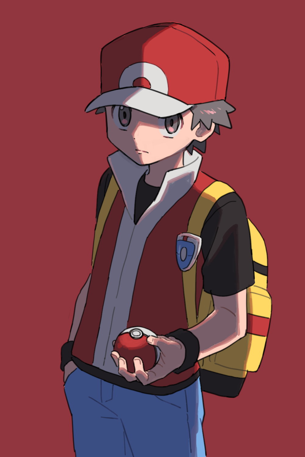 1boy backpack bag black_eyes black_hair blue_pants commentary_request cowboy_shot frown hand_in_pocket hat highres holding holding_poke_ball male_focus nintendo pants poke_ball poke_ball_(basic) pokemon pokemon_frlg pumpkinpan red_(pokemon) red_background red_hat red_vest solo vest wristband