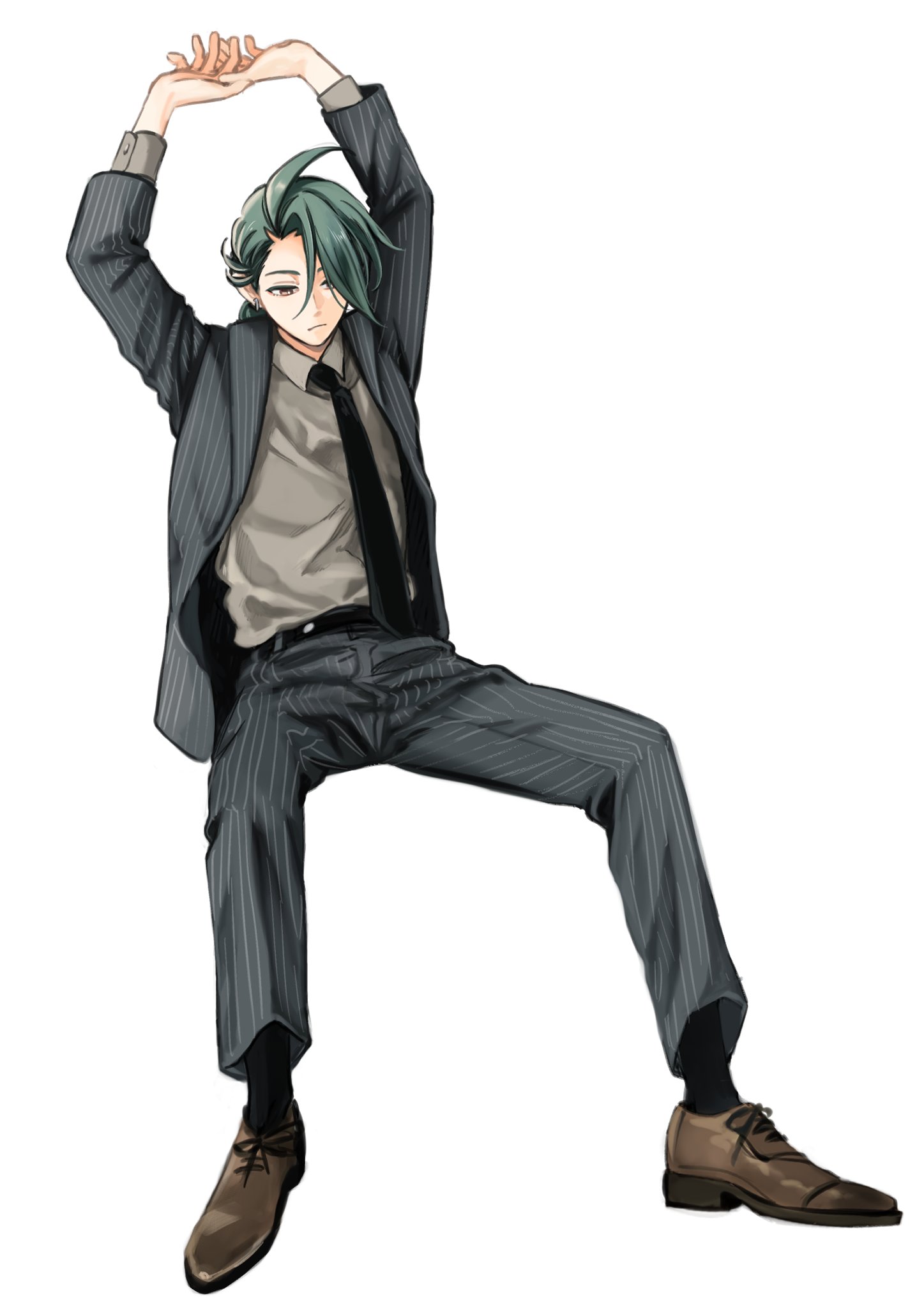 1girl alternate_costume androgynous arms_up belt black_jacket black_necktie black_pants black_suit brown_shoes creatures_(company) ear_piercing expressionless formal_clothes full_body game_freak green_hair grey_shirt highres invisible_chair jacket legs_apart necktie nikomako-riff nintendo own_hands_together pants piercing pokemon pokemon_sv red_eyes reverse_trap rika_(pokemon) shirt shoes simple_background sitting solo striped_clothes striped_jacket striped_pants striped_suit suit swept_bangs white_background