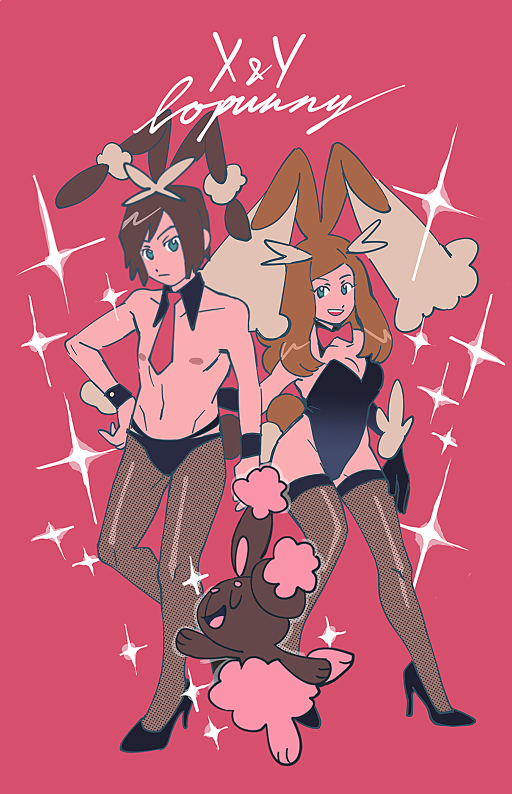 1boy 1girl animal_ears breasts brown_hair buneary calem_(pokemon) collarbone cosplay fishnet_thighhighs fishnets full_body gen_4_pokemon hand_on_own_hip high_heels highres leotard lopunny lopunny_(cosplay) male_playboy_bunny necktie nintendo nipples playboy_bunny playboy_pokemon pokemon pokemon_(creature) pokemon_xy rabbit_ears rabbit_tail red_background red_necktie sanigo serena_(pokemon) simple_background sparkle tail thighhighs