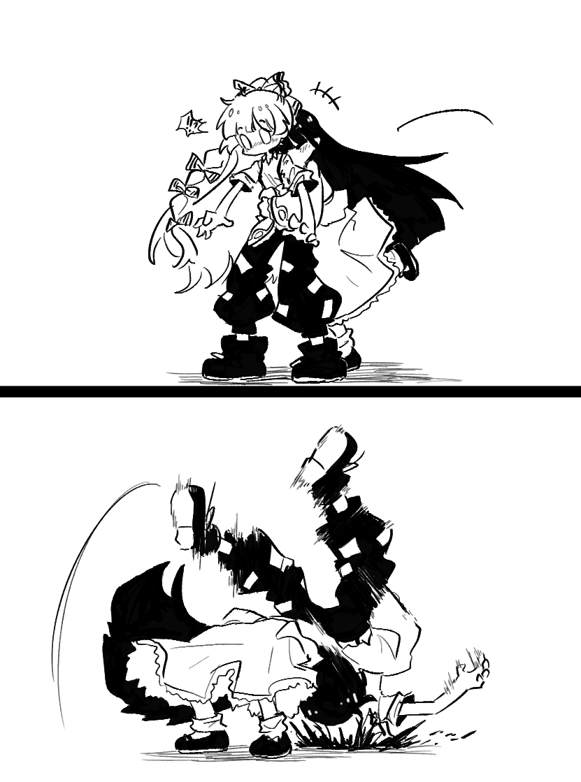 !? +++ 2girls blush bow commentary_request frilled_skirt frilled_sleeves frills fujiwara_no_mokou german_suplex greyscale hair_bow houraisan_kaguya hug hug_from_behind long_hair long_sleeves monochrome multiple_girls ofuda ofuda_on_clothes pants shirt skirt suplex suspenders suteruko touhou very_long_hair wide_sleeves