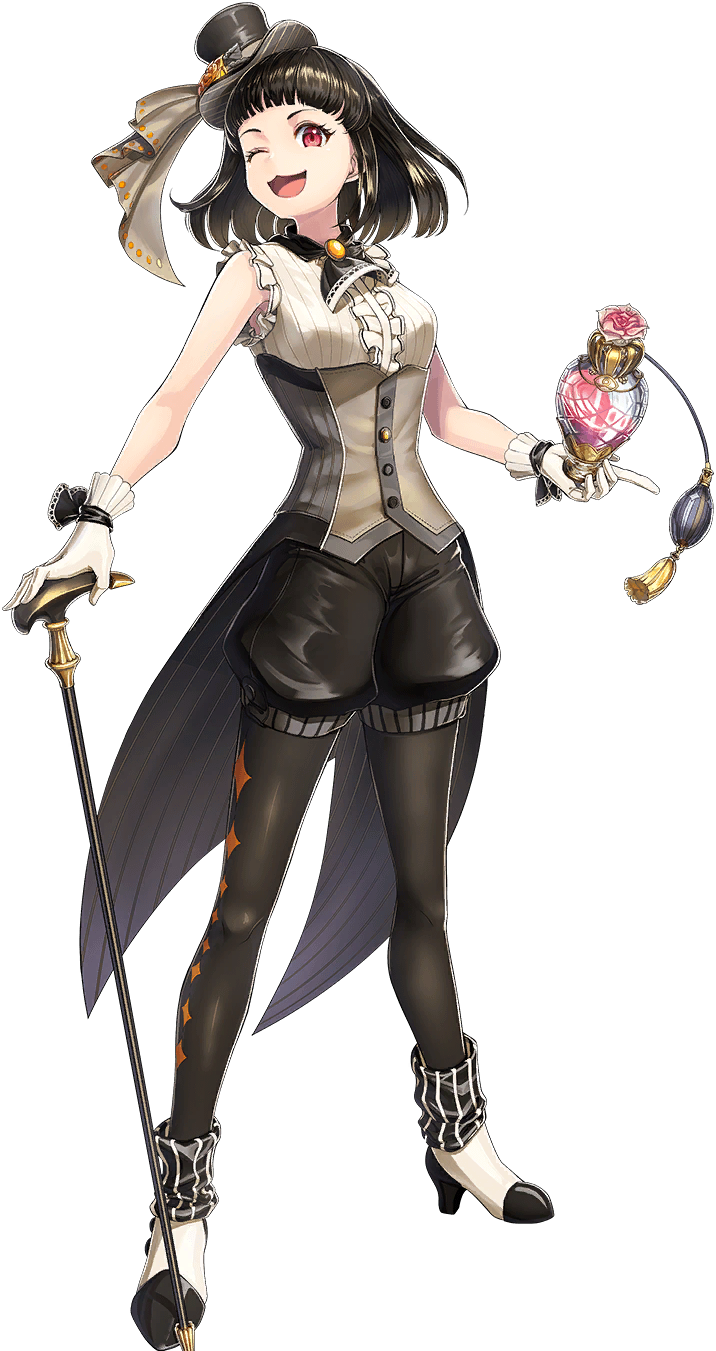 1girl :3 artist_request bare_arms black_hat breasts brown_hair buttons cane ernest_(unitia) full_body game_cg gloves hat high_heels highres official_art one_eye_closed open_mouth perfume_(cosmetics) red_eyes solo source_request transparent_background unitia white_gloves