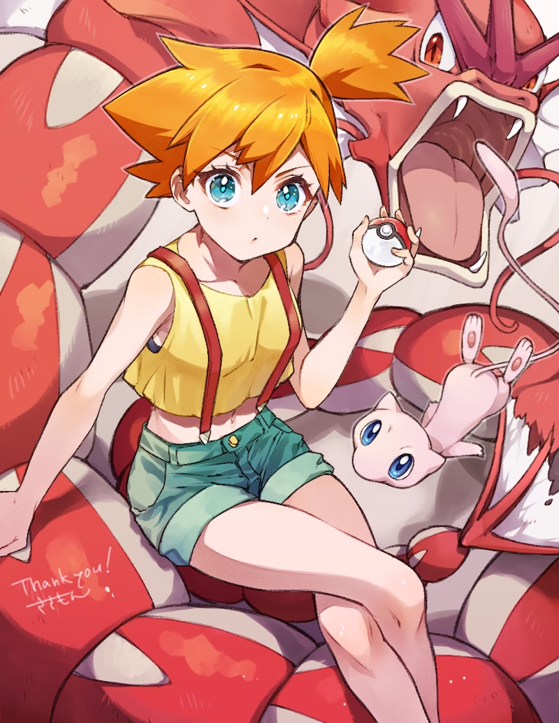 1girl alternate_color alternative_color armpits asymmetrical_hair breasts curvy denim denim_shorts eneco gen_1_pokemon green_eyes green_shorts gyarados gym_leader hair_tie holding holding_poke_ball legendary_pokemon legs medium_breasts mew_(pokemon) misty_(pokemon) mythical_pokemon nintendo poke_ball pokemon pokemon_(anime) pokemon_sm_(anime) ponytail sasairebun shiny_pokemon shirt short_hair short_shorts shorts side_ponytail solo suspender_shorts suspenders tank_top yellow_shirt