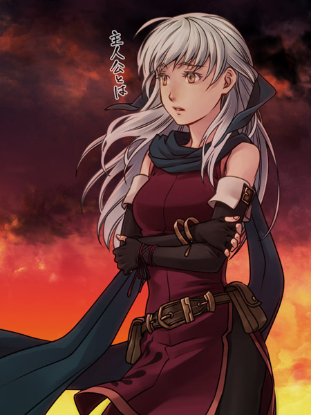 1girl bare_shoulders black_gloves black_pantyhose blue_scarf crossed_arms dress elbow_gloves female_focus fingerless_gloves fire_emblem fire_emblem:_radiant_dawn gloves hair_ribbon half_updo kobashi_(hodohodo) long_hair micaiah_(fire_emblem) nintendo orange_background pantyhose ribbon scarf side_slit silver_hair sleeveless sleeveless_dress solo translation_request twilight yellow_eyes