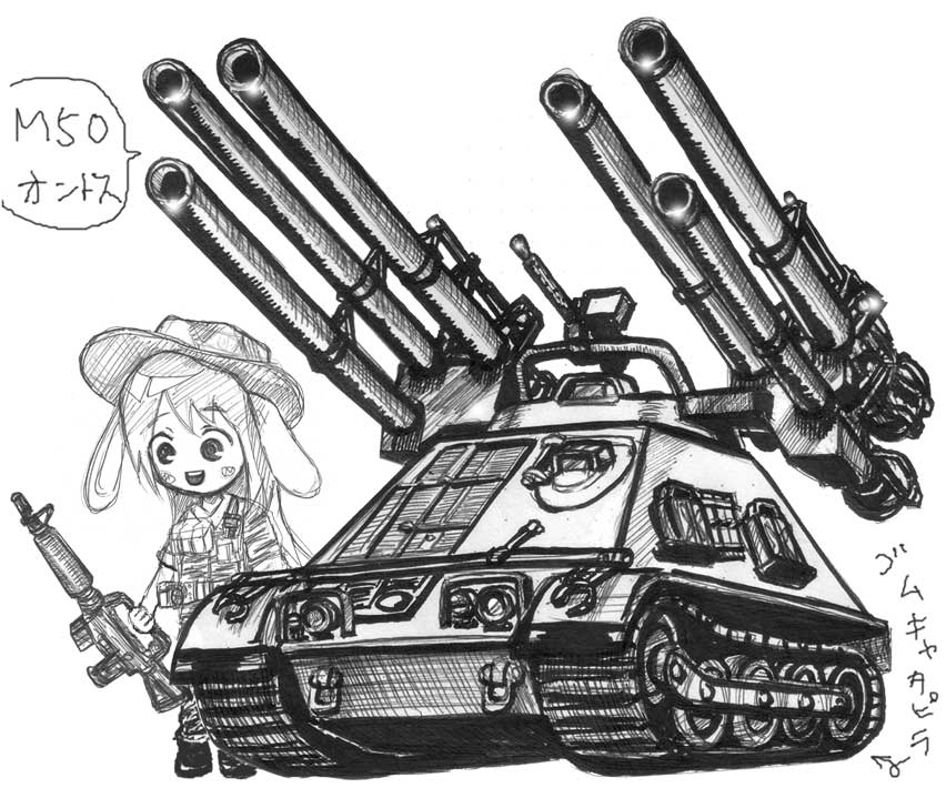 1girl allis-chalmers armored_vehicle artillery assault_gun assault_rifle camouflage caterpillar_tracks chibi crew-served_weapon graphite_(medium) greyscale gun happy hat m16 m40_recoilless_rifle m50_ontos machine_gun military military_uniform military_vehicle mitsuwo_kouki monochrome motor_vehicle real_life rifle rocket_launcher scan self-propelled_artillery self-propelled_gun sketch soldier tank tank_destroyer traditional_media watervliet_arsenal weapon