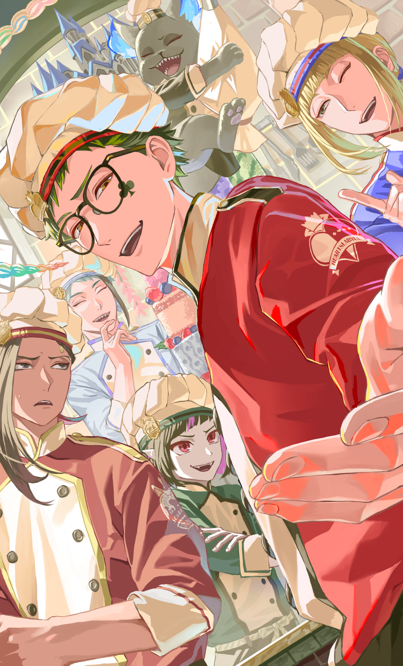 5boys blonde_hair brown_hair castle chef chef_hat chikuwa_glasses commentary_request creature glasses green_hair grim_(twisted_wonderland) hat highres indoors jade_leech jamil_viper lilia_vanrouge looking_at_viewer male_focus multiple_boys orange_eyes reaching reaching_towards_viewer rook_hunt short_hair trey_clover twisted_wonderland