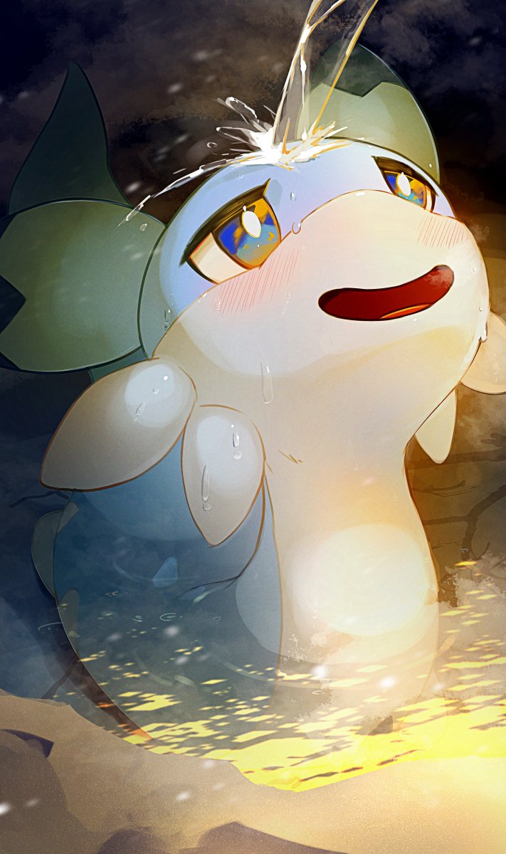 bathing blue_eyes blush chillet highres in_water looking_up motoiwork no_humans open_mouth pal_(creature) palworld partially_submerged solo water waterfall_shower