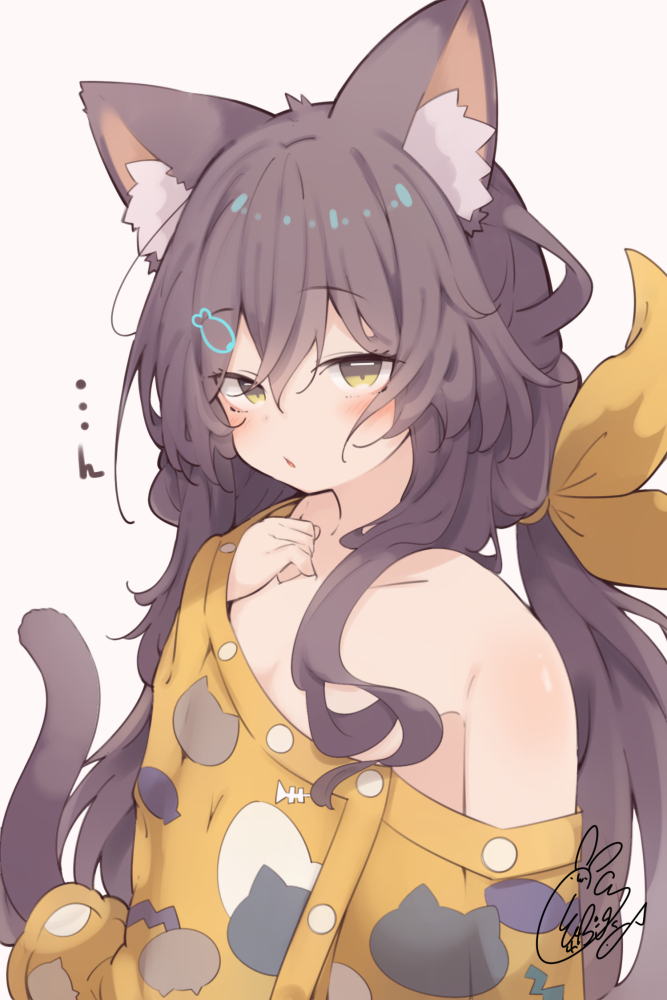 1girl animal_ear_fluff animal_ears beni_shake blush brown_eyes brown_hair cat_ears cat_girl cat_tail character_request check_character collarbone commentary_request fish_hair_ornament grey_background hair_between_eyes hair_ornament hair_ribbon hand_up lilly_(reverseblue) long_hair looking_at_viewer low_twintails off_shoulder parted_lips reverseblue_x_re-birthend ribbon signature solo tail twintails very_long_hair wrap_towel yellow_ribbon