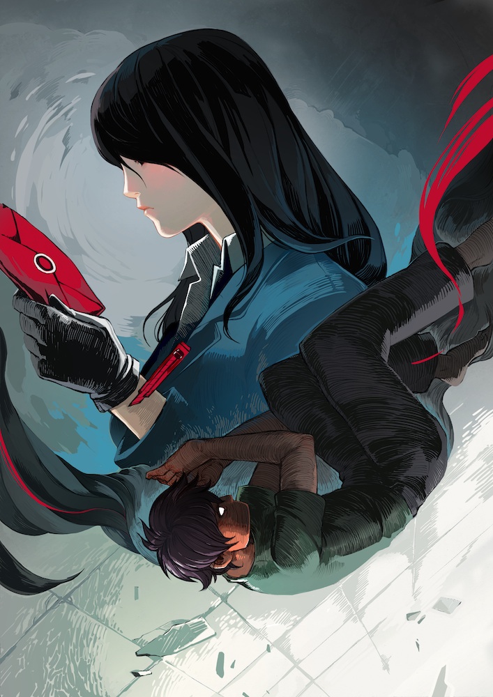 black_eyes black_gloves black_hair black_pants blazer blue_jacket character_request check_character collared_jacket collared_shirt commentary cover cover_page english_commentary envelope glass_shards gloves green_shirt grey_background himekawa_reiko himekawa_reiko_series holding holding_envelope jacket kikuta_kazuo lapels long_hair long_sleeves lying notched_lapels on_floor on_side pants patipat_asavasena shirt short_hair short_sleeves strawberry_night t-shirt tile_floor tiles two-tone_background wax_seal white_background white_shirt