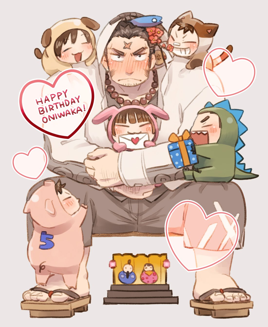1girl 5boys :3 animal_costume bandaid bandaid_on_face bandaid_on_nose blush brown_hair cat_costume chibi closed_eyes closed_mouth collarbone dinosaur_costume dog_costume envelope gift grey_background grey_shorts grin happy_birthday highres holding holding_envelope holding_gift houzouin_oniwaka long_sideburns multiple_boys open_mouth pig_costume protagonist_1_(housamo) protagonist_2_(housamo) protagonist_3_(housamo) protagonist_4_(housamo) protagonist_5_(housamo) rabbit_costume sandals scar scar_on_face scar_on_forehead sharp_teeth shorts sideburns smile sumi_wo_hakuneko teeth toenails tokyo_houkago_summoners