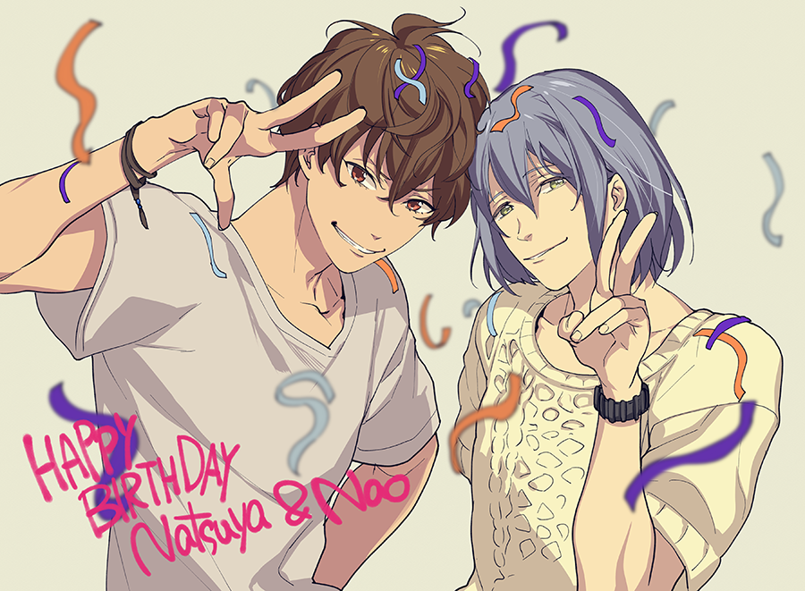 2boys brown_hair character_name confetti green_eyes happy_birthday high_speed! kirishima_natsuya looking_at_viewer male_focus megumi-square multiple_boys purple_hair red_eyes serizawa_nao short_hair smile v watch wristwatch