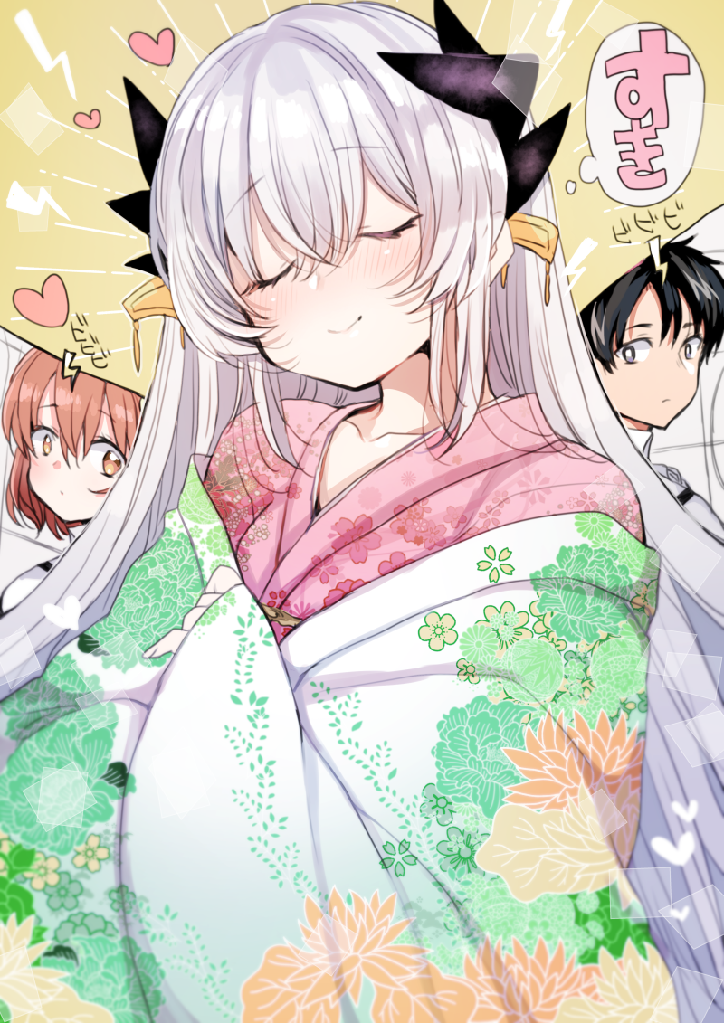 1boy 2girls black_eyes black_hair chaldea_uniform closed_eyes dragon_girl dragon_horns fate/grand_order fate_(series) floral_print fujimaru_ritsuka_(female) fujimaru_ritsuka_(male) grey_hair horns japanese_clothes kimono kiyohime_(fate) kiyohime_(third_ascension)_(fate) layered_clothes layered_kimono long_hair mamemix multiple_girls multiple_horns orange_eyes orange_hair print_kimono smile very_long_hair