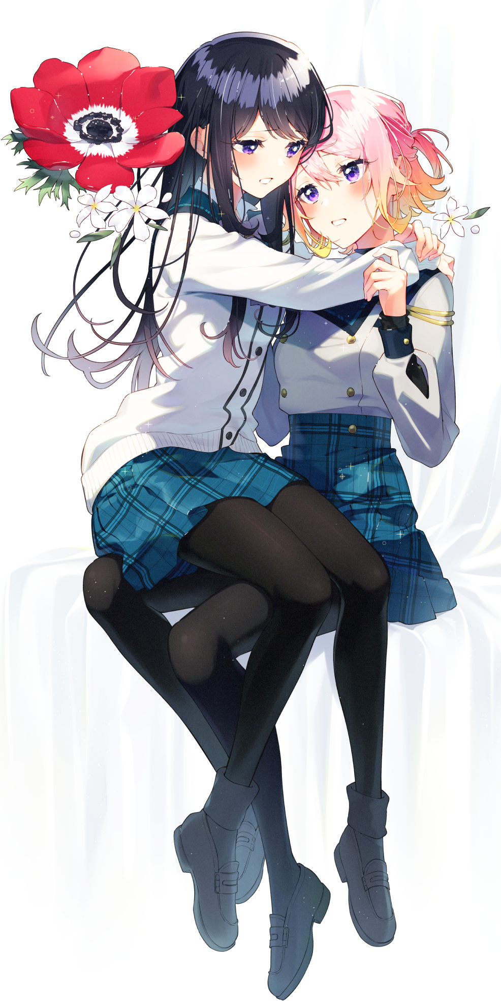2girls anemone_(flower) anemone_wa_netsu_wo_obiru black_hair blonde_hair flower gradient_hair highres hug komiyama_mashiro multicolored_hair multiple_girls ootsuki_nagisa pantyhose pink_hair sakuragi_ren school_uniform yuri