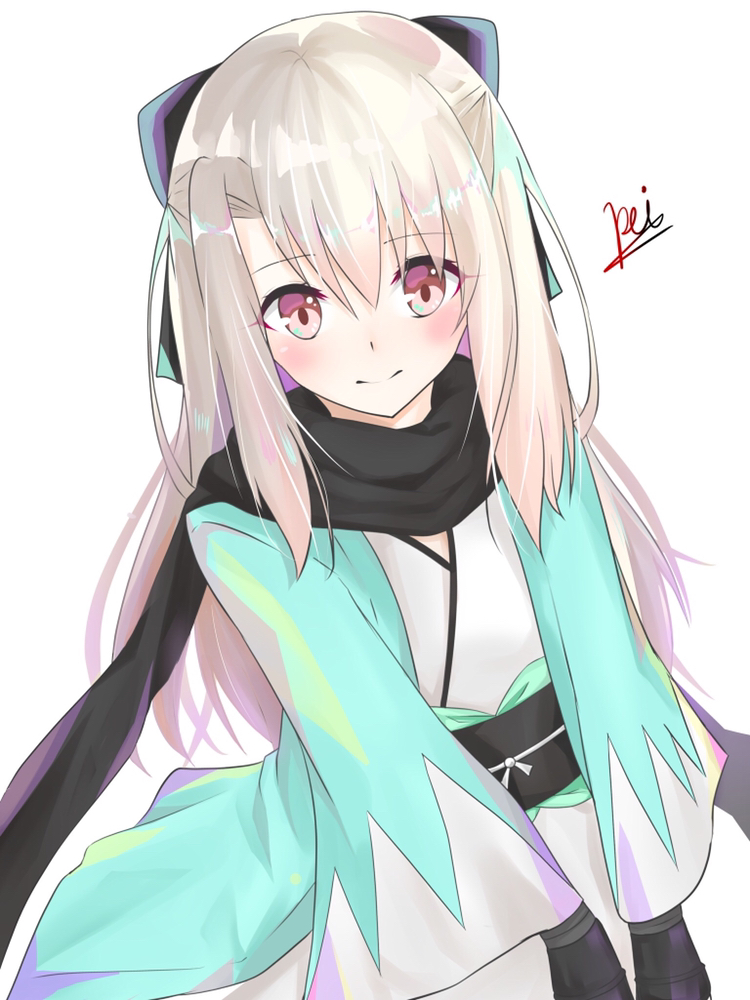 1girl arm_guards black_scarf blush bow breasts commentary_request cosplay fate/grand_order fate/kaleid_liner_prisma_illya fate_(series) hair_bow haori illyasviel_von_einzbern japanese_clothes kimono koha-ace long_hair long_sleeves looking_at_viewer obi okita_souji_(fate) okita_souji_(koha-ace) okita_souji_(koha-ace)_(cosplay) pei_iriya red_eyes sash scarf sidelocks small_breasts smile solo white_hair white_kimono wide_sleeves