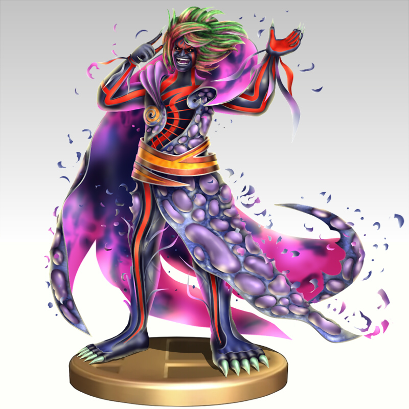 1boy barefoot black_sclera cape colored_sclera colored_skin fingernails green_hair hades_(kid_icarus) kid_icarus kid_icarus_uprising long_fingernails male_focus multicolored_hair nintendo open_mouth orange_eyes purple_hair purple_skin red_hair sharp_teeth solo super_smash_bros. tattoo teeth trophy