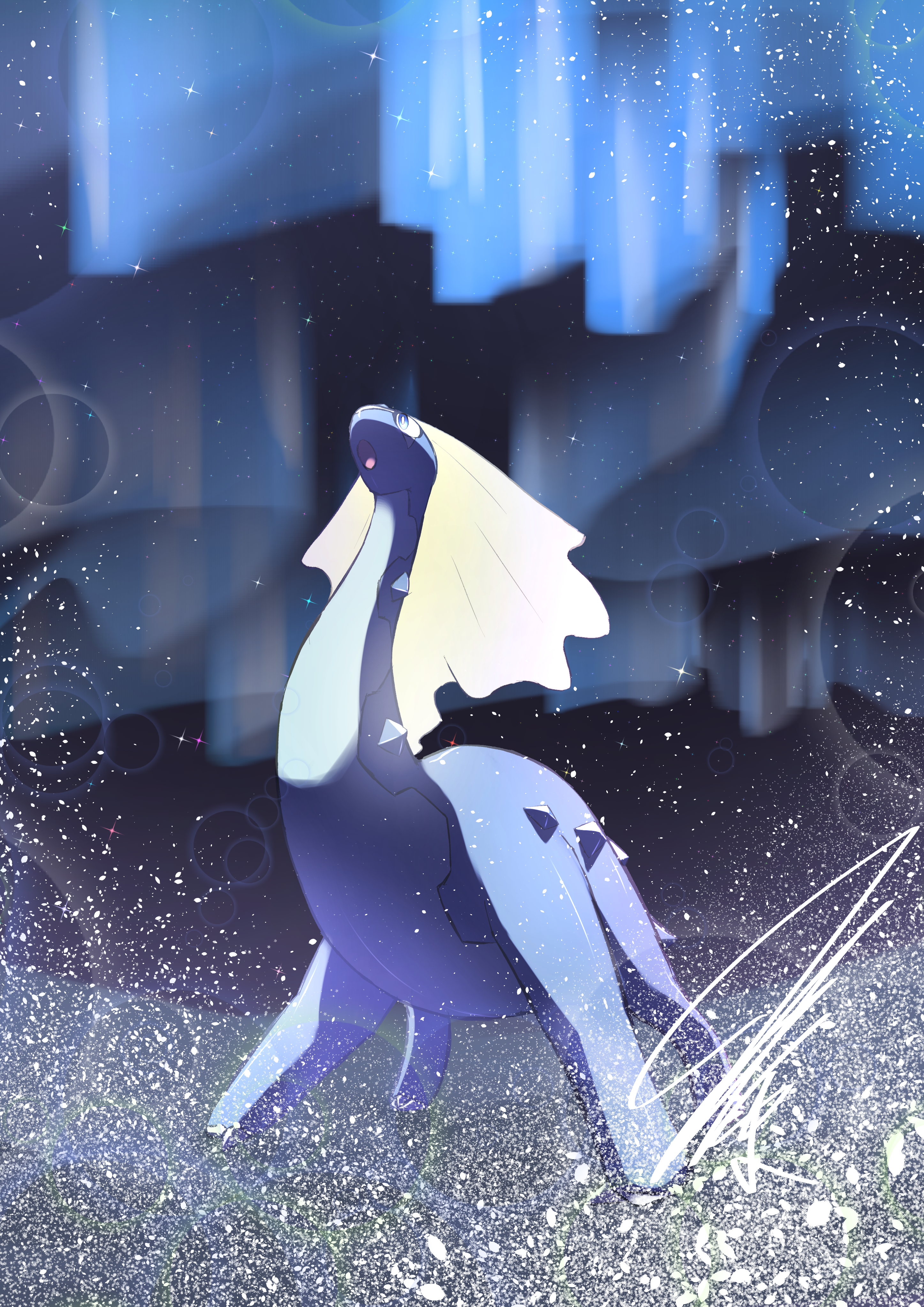 absurdres aurora aurorus blue_eyes blue_scales blue_skin blurry bokeh colored_skin depth_of_field dinosaur fins full_body game_freak gen_6_pokemon glowing head_fins highres long_neck looking_up mitsukuma448 night night_sky nintendo no_humans open_mouth outdoors pokemon pokemon_(creature) sauropod signature sky snow solo sparkle standing star_(symbol) tongue