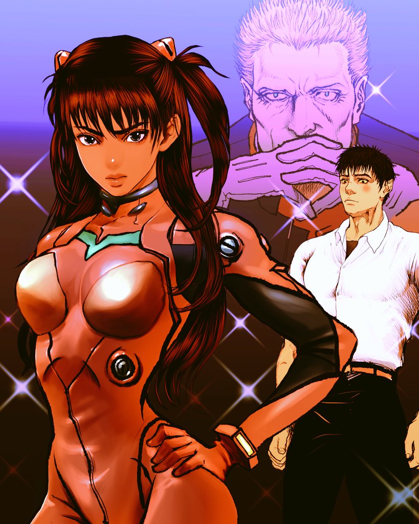1girl 2boys berserk black_eyes blush bodysuit brown_hair casca_(berserk) closed_mouth collared_shirt cosplay curvy dark_skin gambino_(berserk) gloves guts_(berserk) ikari_gendou ikari_gendou_(cosplay) ikari_shinji ikari_shinji_(cosplay) lips long_hair mecha_pilot_suit miyamura_yuuko multiple_boys neon_genesis_evangelion nisino2222 parody plugsuit_(evangelion) pointy_ears red_bodysuit shirt short_sleeves souryuu_asuka_langley souryuu_asuka_langley_(cosplay) sparkle spiked_hair voice_actor_connection white_gloves white_shirt wide_hips