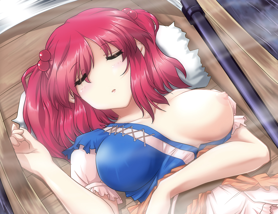 1girl blush boat breast_slip breasts closed_eyes female_focus hair_bobbles hair_ornament large_breasts nipples no_nose nori_tamago one_breast_out onozuka_komachi red_hair short_hair sleeping solo touhou twintails two_side_up watercraft