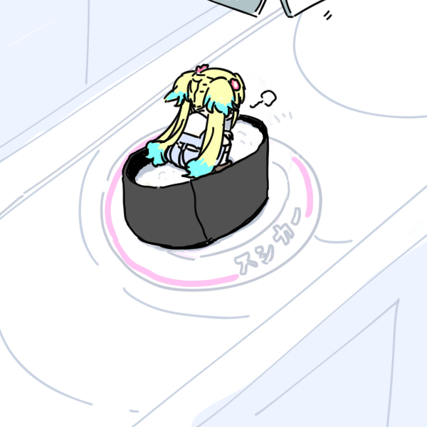 1girl blonde_hair blue_dress blue_hair box brown_shoes cardboard_box colored_tips conveyor_belt_sushi dress flower food gunkanmaki hair_flower hair_ornament hasu_no_sora_school_uniform link!_like!_love_live! long_hair love_live! mini_person minigirl motion_lines multicolored_hair on_food osawa_rurino pink_flower puffy_short_sleeves puffy_sleeves sailor_collar school_uniform shinanoya_(satanicad) shoes short_sleeves sitting solo summer_uniform sushi twintails virtual_youtuber white_sailor_collar