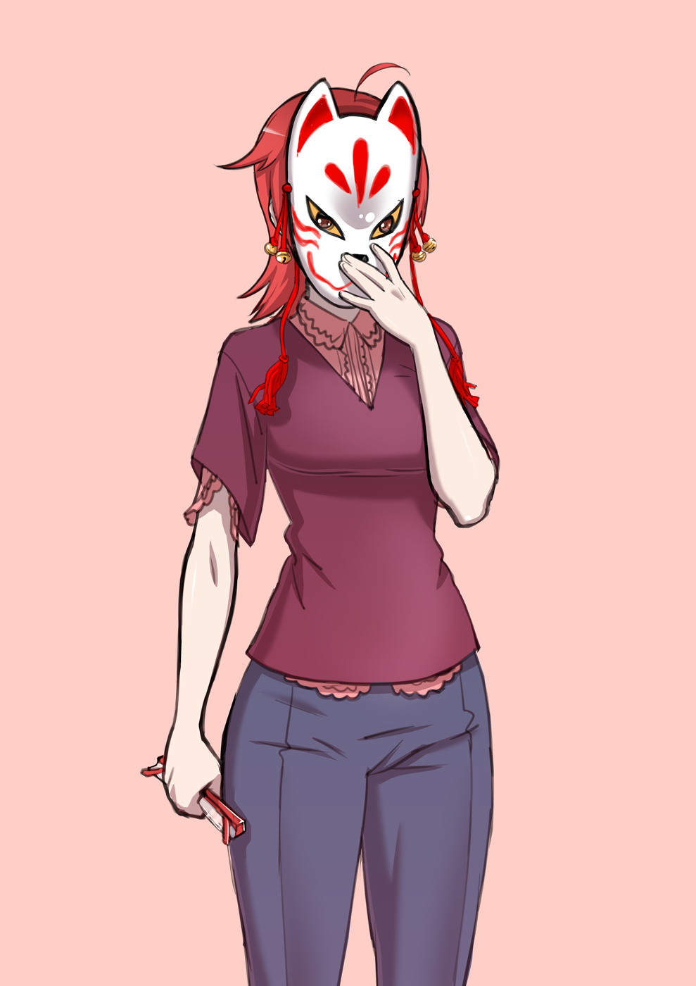 1girl ahoge alternate_costume bell blouse denim unworn_eyewear fox_mask glasses highres holding holding_removed_eyewear info-chan jeans kjech mask pants pink_shirt purple_shirt red_hair shirt yandere_simulator