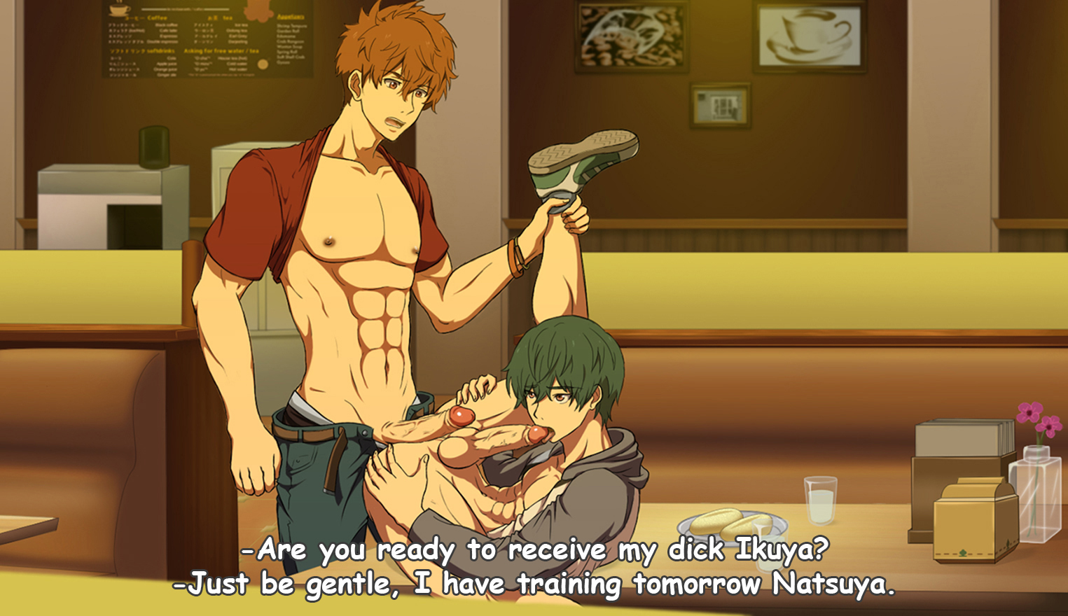 2boys abs bottomless brothers dinner erection family food free! high_speed! incest kirishima_ikuya kirishima_natsuya leg_lift male_focus multiple_boys muscular nipples onoro_nyo pectorals penis public_indecency self_suck shoes siblings table testicles text_focus yaoi