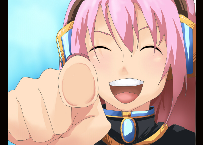 1girl :d black_shirt blue_background closed_eyes commentary_request hair_between_eyes headphones hutene laughing long_hair megurine_luka open_mouth pillarboxed pink_hair pointing pointing_at_viewer shineba_ii_no_ni_(vocaloid) shirt smile solo teeth upper_body upper_teeth_only vocaloid