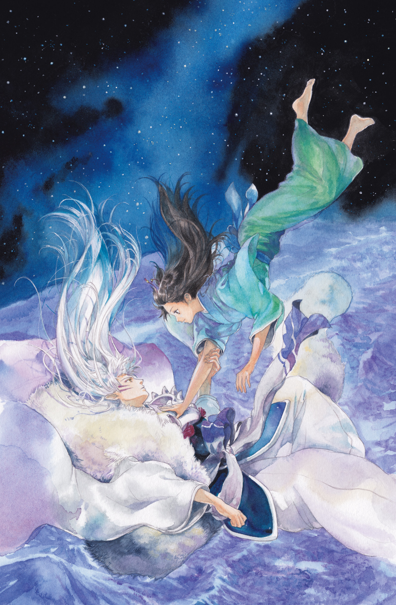 1boy 1girl aged_up arm_at_side arm_grab armor barefoot black_hair closed_mouth colored_pencil_(medium) eye_contact facial_mark falling feet_out_of_frame floating_hair from_side green_kimono hand_on_another&#039;s_chest highres inuyasha japanese_clothes kimono long_hair looking_at_another midair mixed_media night night_sky niko_(silent.whitesnow) outstretched_arms painting_(medium) pants pointy_ears profile rin_(inuyasha) sesshoumaru sky smile space star_(sky) starry_sky traditional_media very_long_hair watercolor_(medium) white_hair white_pants wide_sleeves