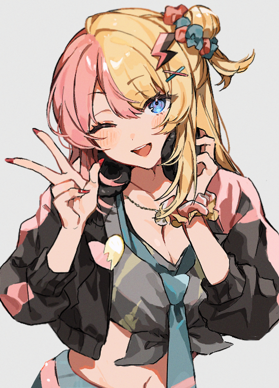 1girl amesuku_gyaru belt blonde_hair blue_eyes blush cropped_jacket gyaru hair_ornament hair_scrunchie headphones headphones_around_neck heart_ornament jewelry kogal kotoka_torahime lightning_bolt lightning_bolt_hair_ornament lightning_bolt_symbol long_hair looking_at_viewer multicolored_hair nail_polish necklace nijisanji nijisanji_en one_eye_closed pink_belt pink_nails scrunchie shirt smile solo split-color_hair tied_shirt tojimobu v virtual_youtuber wrist_scrunchie x_hair_ornament