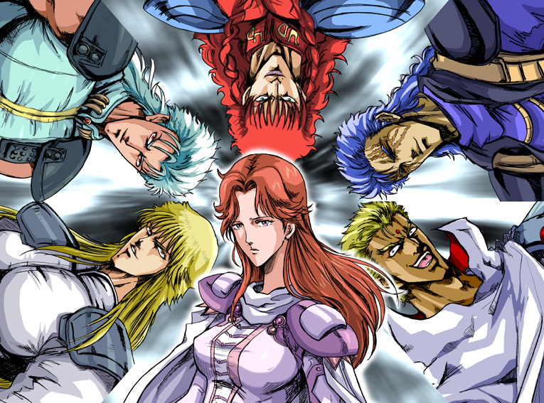 1girl 5boys armor blonde_hair blue_hair cape expressionless closed_eyes facial_mark forehead_mark green_hair grin hokuto_no_ken juda lipstick long_hair looking_at_viewer makeup multiple_boys patsuki red_hair rei_(hokuto_no_ken) scar shew shin_(hokuto_no_ken) short_hair shu_(hokuto_no_ken) smile souther tan upper_body upside-down very_long_hair yuda_(hokuto_no_ken) yuria_(hokuto_no_ken)