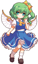 1girl aqua_eyes ascot blue_skirt blue_vest brown_shoes daiyousei fairy_wings frilled_skirt frills full_body game_cg green_hair high_side_ponytail kumio loafers lowres puffy_short_sleeves puffy_sleeves shirt shoes short_sleeves side_ponytail skirt smile socks solo tachi-e third-party_source touhou touhou_mystia&#039;s_izakaya transparent_background vest white_shirt white_socks wings yellow_ascot
