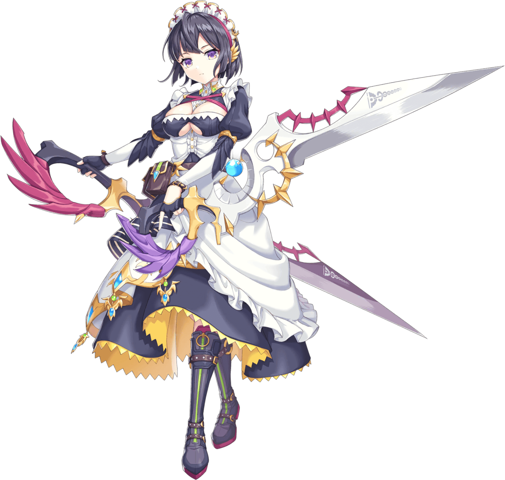 1girl artist_request bag belt black_hair boots breasts cleavage dual_wielding feather_hair_ornament feathers full_body game_cg hair_ornament helmy highres holding holding_weapon legend_clover maid_headdress official_art purple_eyes satchel short_hair third-party_source transparent_background underboob weapon