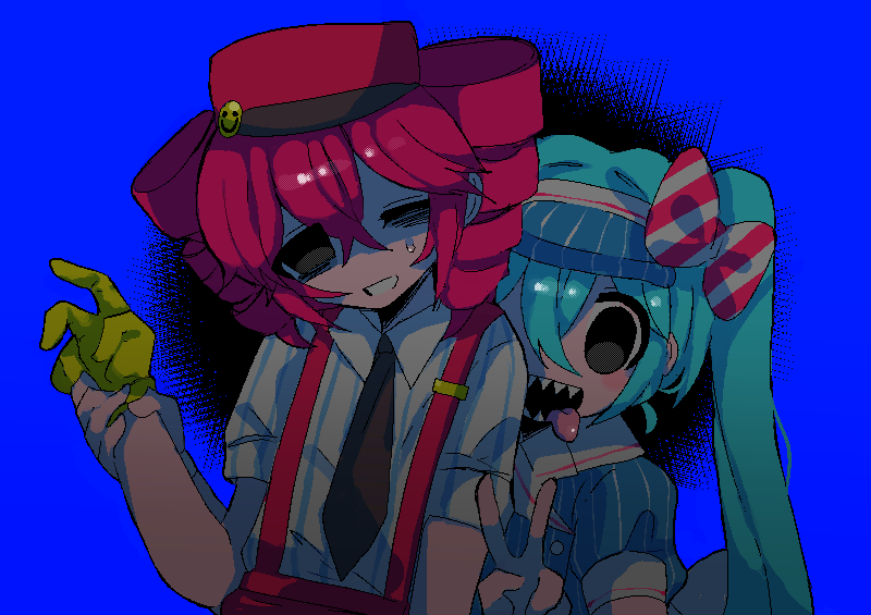 2girls aqua_hair black_eyes black_necktie blue_background blue_hat bow collared_shirt commentary deliriumcenter dress drill_hair gloves hair_between_eyes hair_bow hat hatsune_miku jaggy_lines kasane_teto long_hair looking_at_viewer mesmerizer_(vocaloid) multiple_girls necktie nervous_smile one_eye_closed open_mouth overalls pinstripe_dress pinstripe_hat pinstripe_pattern pinstripe_shirt puffy_short_sleeves puffy_sleeves red_hair red_hat red_overalls shaded_face shirt short_sleeves small_sweatdrop smile smiley_face striped_bow striped_clothes striped_dress striped_headwear striped_shirt symbol-only_commentary tongue tongue_out twin_drills twintails utau v vertical-striped_clothes vertical-striped_dress vertical-striped_headwear vertical-striped_shirt visor_cap vocaloid yellow_gloves