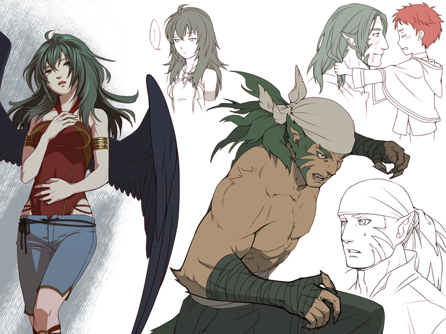 ... 1girl 2boys animal_ears armlet bandana child claws commentary_request fire_emblem fire_emblem:_radiant_dawn green_hair jewelry kobashi_(hodohodo) laguz_(fire_emblem) long_hair muarim_(fire_emblem) multiple_boys multiple_views muscular muscular_male nintendo pectorals red_hair tiger_boy topless_male tormod_(fire_emblem) vika_(fire_emblem)