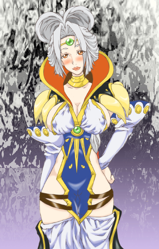 1girl blush breasts choker chrono_(series) chrono_cross circlet cleavage cleft_of_venus covered_erect_nipples detached_sleeves female_focus groin hand_on_own_hip hands_on_own_hips head_tilt hip_focus hyde_onsenguma large_breasts lips lipstick long_hair long_image looking_at_viewer makeup orange_eyes pussy see-through_clothes sideboob silver_hair smile solo standing steena tall_image thigh_gap thighhighs thighs tiara uncensored wide_hips