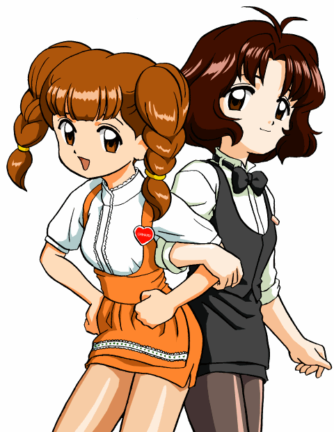 1990s_(style) 2girls anna_miller apron bandabekken bow bowtie brown_eyes brown_hair cardcaptor_sakura child formal_clothes locked_arms mihara_chiharu multiple_girls name_tag pantyhose retro_artstyle sasaki_rika short_hair skirt smile traditional_bowtie waitress