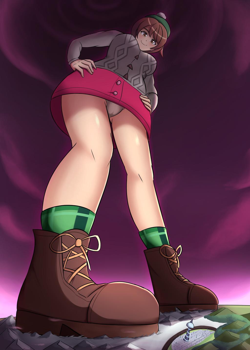1girl blush bob_cut boots breasts brown_boots brown_eyes brown_hair cameltoe cardigan city cloud cloudy_sky coast crushing dress dynamax female_focus from_below full_body gen_8_pokemon giant giantess gloria_(pokemon) green_hat green_socks grey_cardigan hat highres hill landscape large_breasts legs legs_apart long_sleeves looking_down mountain mountains nintendo ocean outline panties pantyshot pink_dress pokemon pokemon_(creature) pokemon_swsh red_sky river shiny_skin short_hair sky smile socks solo standing swept_bangs thighs tower underwear upskirt white_panties wide_hips