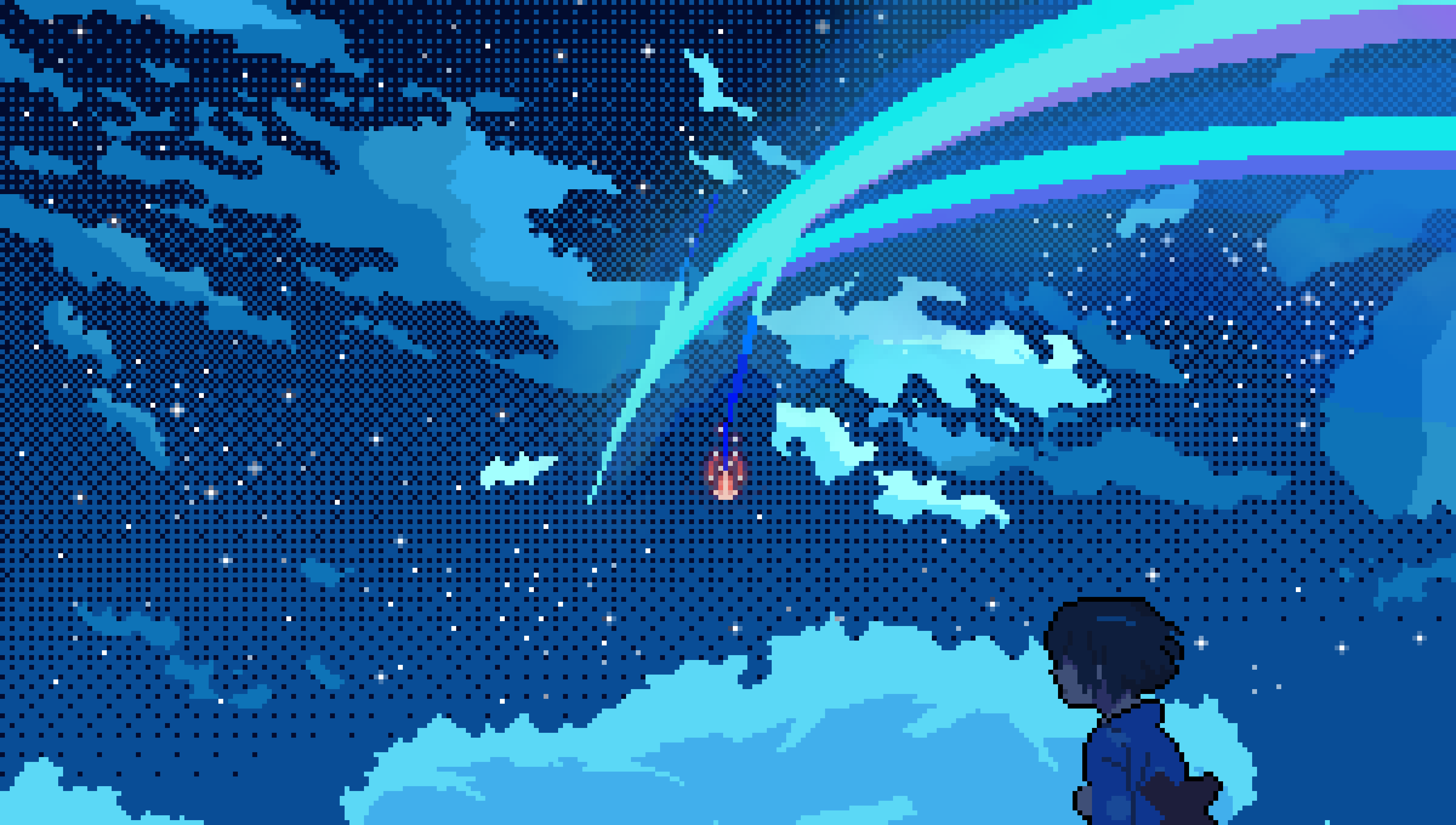 1boy absurdres blue_background blue_clouds blue_hair blue_theme cloud cloudy_sky dithering eastblueace flower glowing hair_flower hair_ornament hand_on_own_arm highres kimi_no_na_wa. male_focus night out_of_frame pixel_art scenery shooting_star short_hair sky solo sparkle star_(sky) starry_sky tachibana_taki upper_body