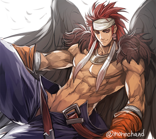 1boy abs belt brown_gloves canopus_wolph closed_mouth feathered_wings gloves headband jewelry long_hair looking_at_viewer male_focus moreshan red_hair simple_background smile solo tactics_ogre topless_male white_background wings