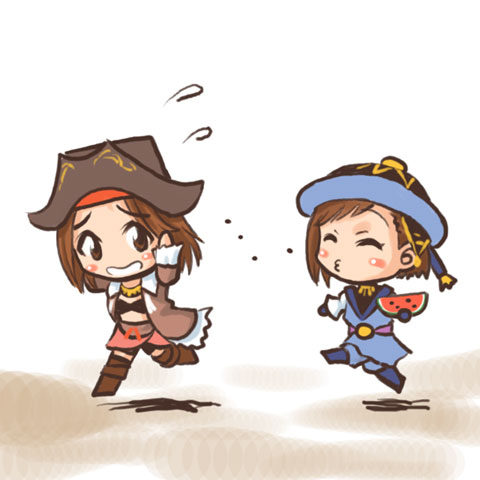 00s 2girls blue_mage_(final_fantasy) chibi corsair corsair_(final_fantasy) final_fantasy final_fantasy_xi food fruit holding holding_food holding_fruit holding_watermelon hume lowres multiple_girls nakayama_saki o3o pirate seed spitting thighhighs watermelon