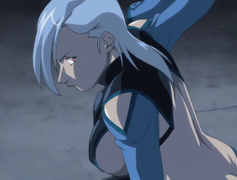 1girl 2007 american animated animated_gif anime_screenshot ass bare_back bible_black bible_black_new_testament black_suit blue_hair breasts crowley&#039;s_guards energy formal_clothes glowing jody&#039;s_guards large_breasts lipstick long_hair makeup midriff night no_bra revealing_clothes shin_bible_black suit tagme