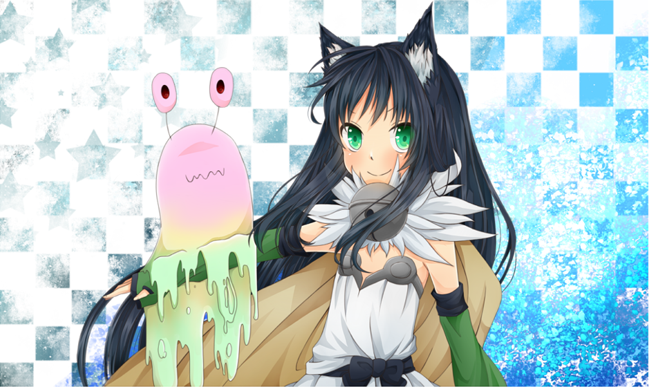1girl alchemist_(ragnarok_online) animal_ear_fluff animal_ears black_bow black_hair blue_background blush bow brown_cape cape cat_ears cat_girl checkered_background closed_mouth commentary_request detached_sleeves dress flat_chest fur_collar green_eyes green_sleeves long_hair looking_at_viewer meiko_(nattu303) ragnarok_online slime_(creature) smile solo strapless strapless_dress upper_body vanilmirth_(ragnarok_online) white_dress