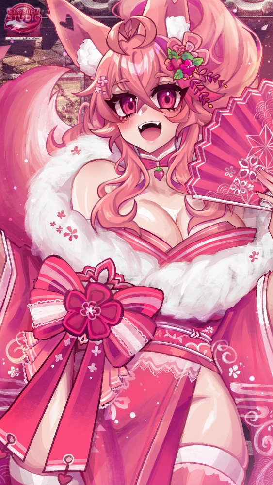 1girl alternate_costume animal_ears breasts cleavage curvy flower fluff food fox_ears fox_girl fox_tail fruit hair_flower hair_ornament happy_new_year heart indie_virtual_youtuber japanese_clothes kimono kireina_(osiimi) large_breasts long_hair mixed-language_commentary new_year osiimi pink_eyes pink_hair pink_thighhighs strawberry tail thighhighs thighs virtual_youtuber