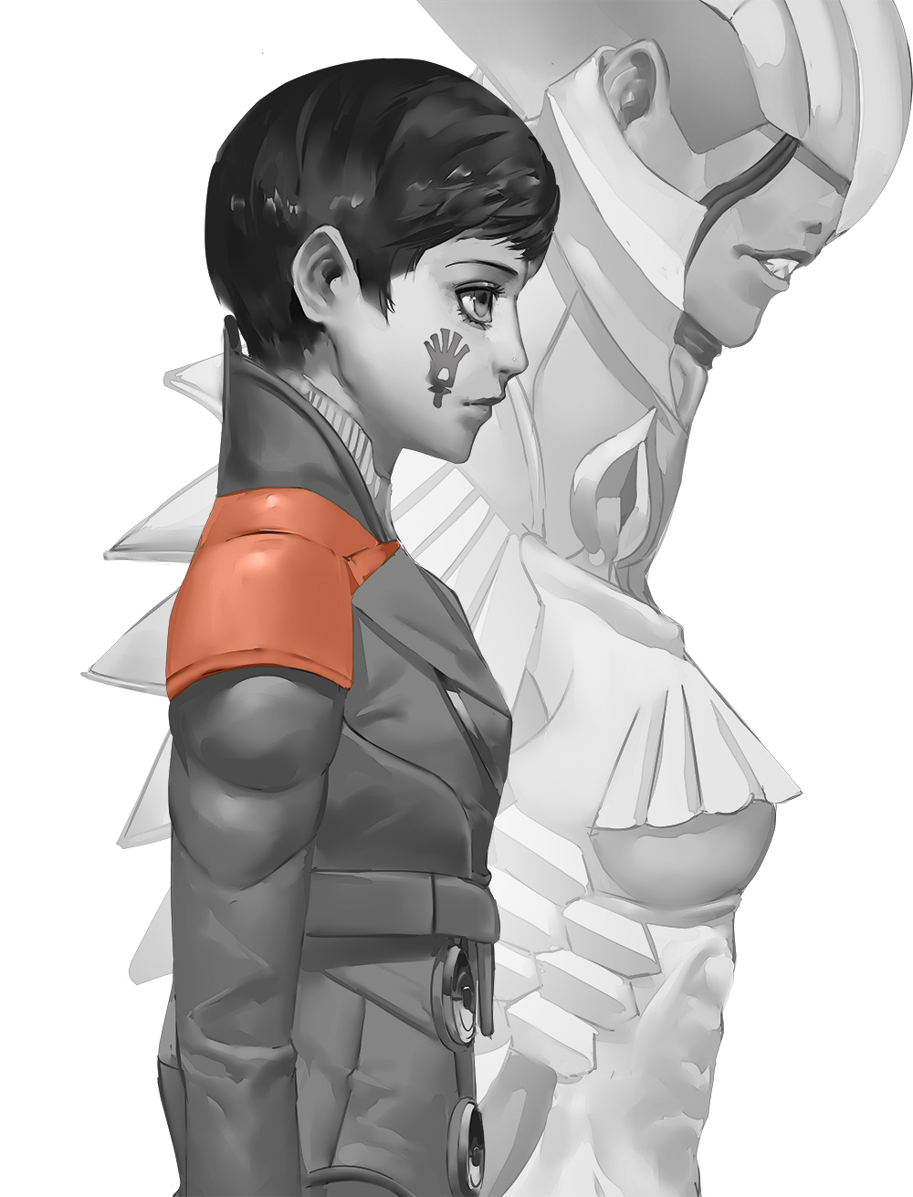 2girls blazpu bodysuit clenched_teeth digital_devil_saga dual_persona expressionless facial_mark from_side grey_bodysuit grey_eyes grey_jacket greyscale high_collar highres jacket long_sleeves marking_on_cheek megami_tensei monochrome multiple_girls parted_lips profile sera_(dds) sharp_teeth short_hair spot_color teeth upper_body varnani