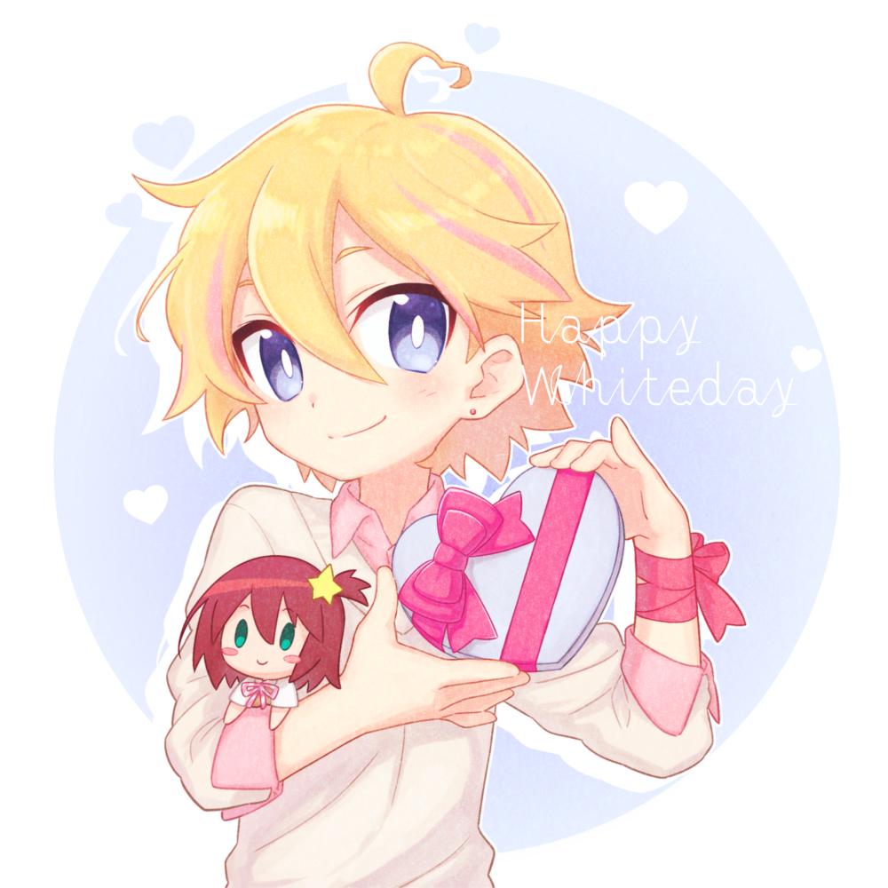 10s 1boy ahoge alpha_omega_nova blonde_hair blue_background blue_eyes box bright_pupils character_doll circle doll earrings heart heart-shaped_box jewelry looking_at_viewer luluco male_focus mt.somo multicolored_hair short_hair simple_background smile solo spoilers streaked_hair sweater uchuu_patrol_luluco upper_body white_day