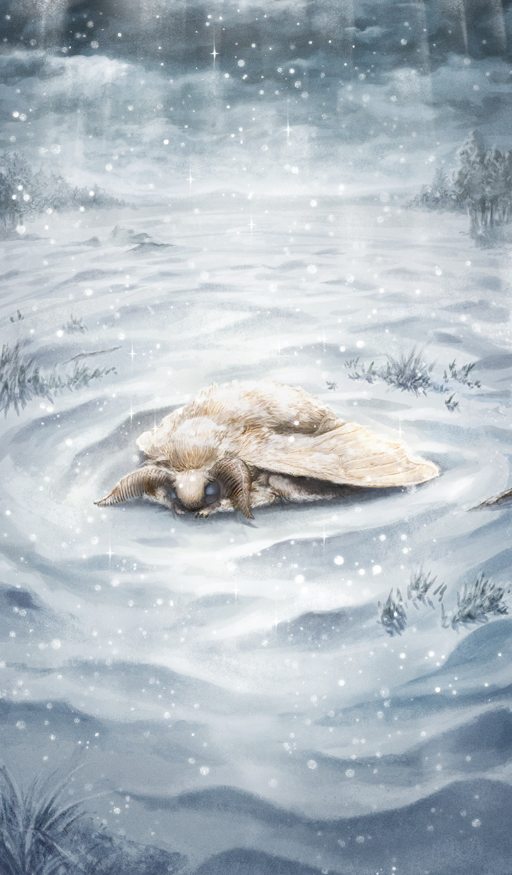 animal animal_focus blanca_(fate) bug commentary fate/grand_order fate_(series) higashiyama_hayato insect lying moth nature no_humans official_art outdoors overcast sky snow snowing third-party_source white_theme