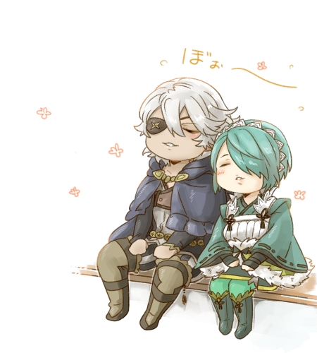 1boy 1girl blue_hair closed_eyes couple fire_emblem fire_emblem_fates hair_over_one_eye hetero hotate_rayan japanese_clothes leaning_on_person lowres niles_(fire_emblem) nintendo setsuna_(fire_emblem) short_hair sitting