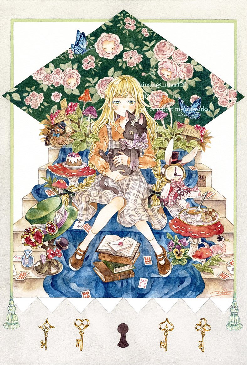 1girl animal artist_name black_cat blonde_hair blue_butterfly blue_eyes blunt_bangs book border bow braid brown_shoes bug butterfly cake card cat checkerboard_cookie cookie cup door dress flower food fork fruitcake green_eyes hat hntaa holding insect key keyhole leaf letter long_hair long_sleeves looking_at_viewer mary_janes orange_shirt original painting_(medium) pink_flower pink_rose plaid_clothes plaid_dress playing_card rabbit ribbon rose shirt shoes sitting socks solo straight-on stuffed_animal stuffed_cat stuffed_rabbit stuffed_toy sugar_cube teacup top_hat traditional_media twin_braids twitter_username unworn_hat unworn_headwear watercolor_(medium) watermark white_socks
