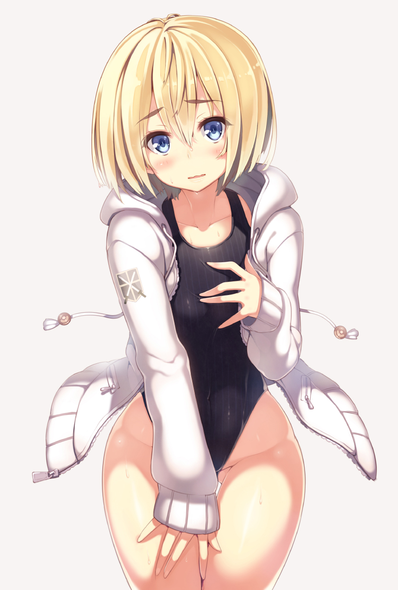 1boy androgynous armin_arlert blonde_hair blue_eyes blush competition_swimsuit crossdressing grey_background highres hood hoodie male_focus one-piece_swimsuit open_clothes open_hoodie shingeki_no_kyojin short_hair simple_background solo sweat swimsuit tel-o thigh_gap trap